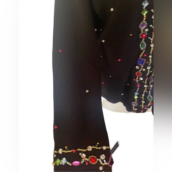 Jack B Quick vintage embellished button down black cardigan w/  faux fur collar - Picture 3 of 12